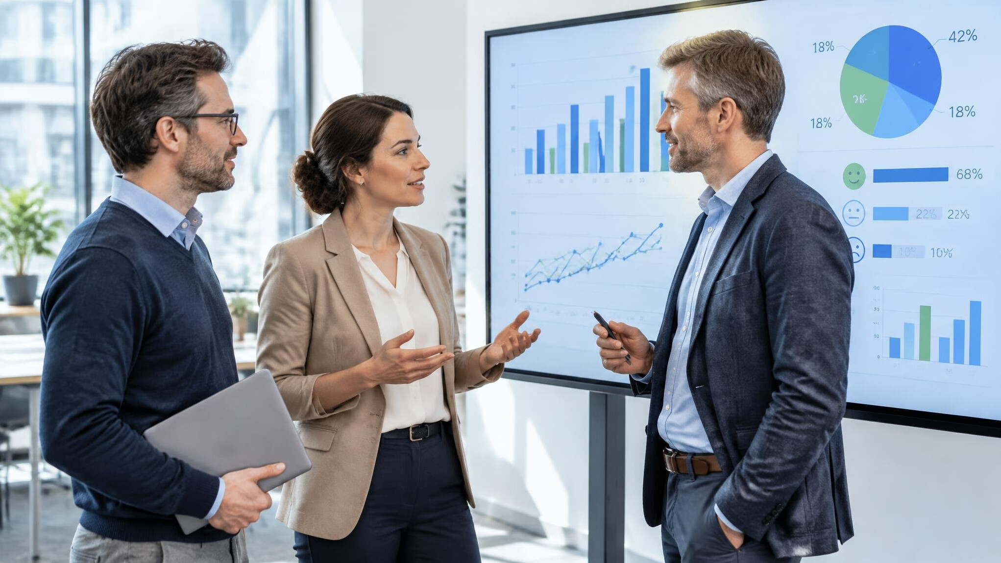 Researchers analyzing data charts on a large screen in a modern office