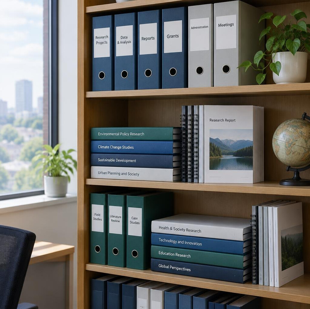 Shelves with archived research reports and binders