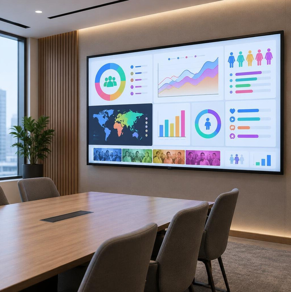 Large screen displaying audience data visualizations in a meeting room