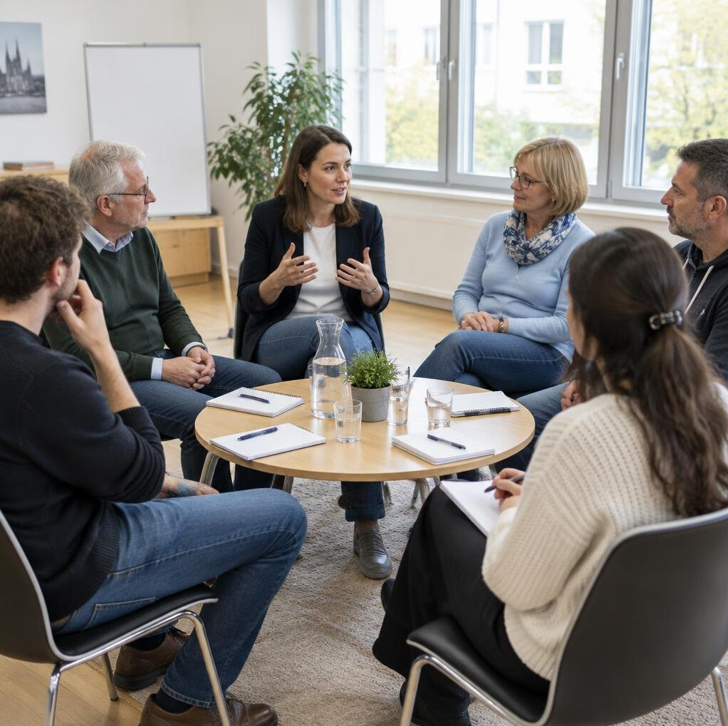 Focus group discussion in a bright meeting room