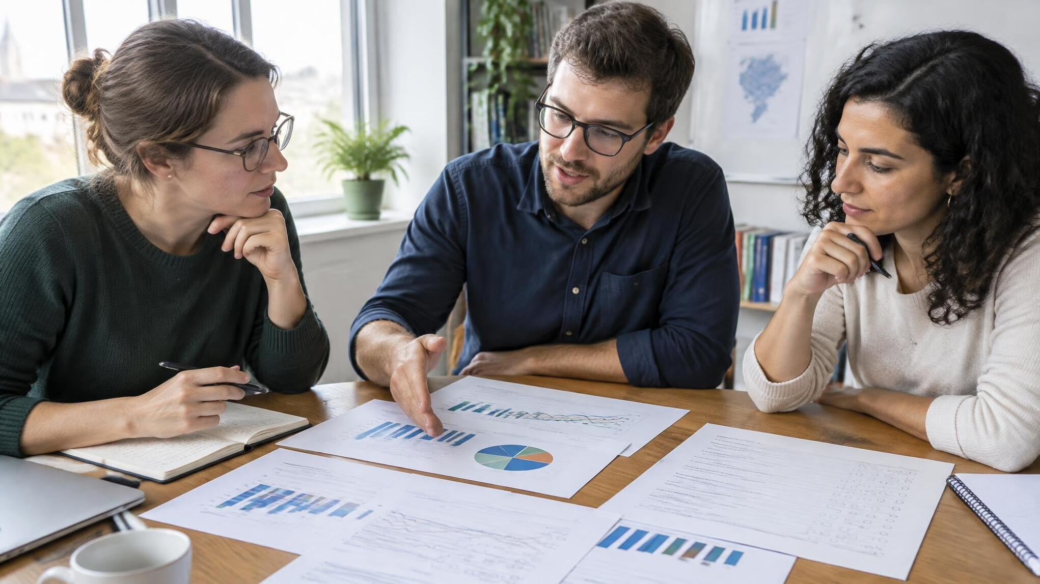 Researchers discussing survey charts around a table with printed reports